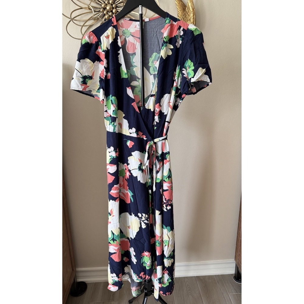 GAP Floral Wrap Dress Navy Blue Midi Short Sleeve Tie Waist Rayon Women M